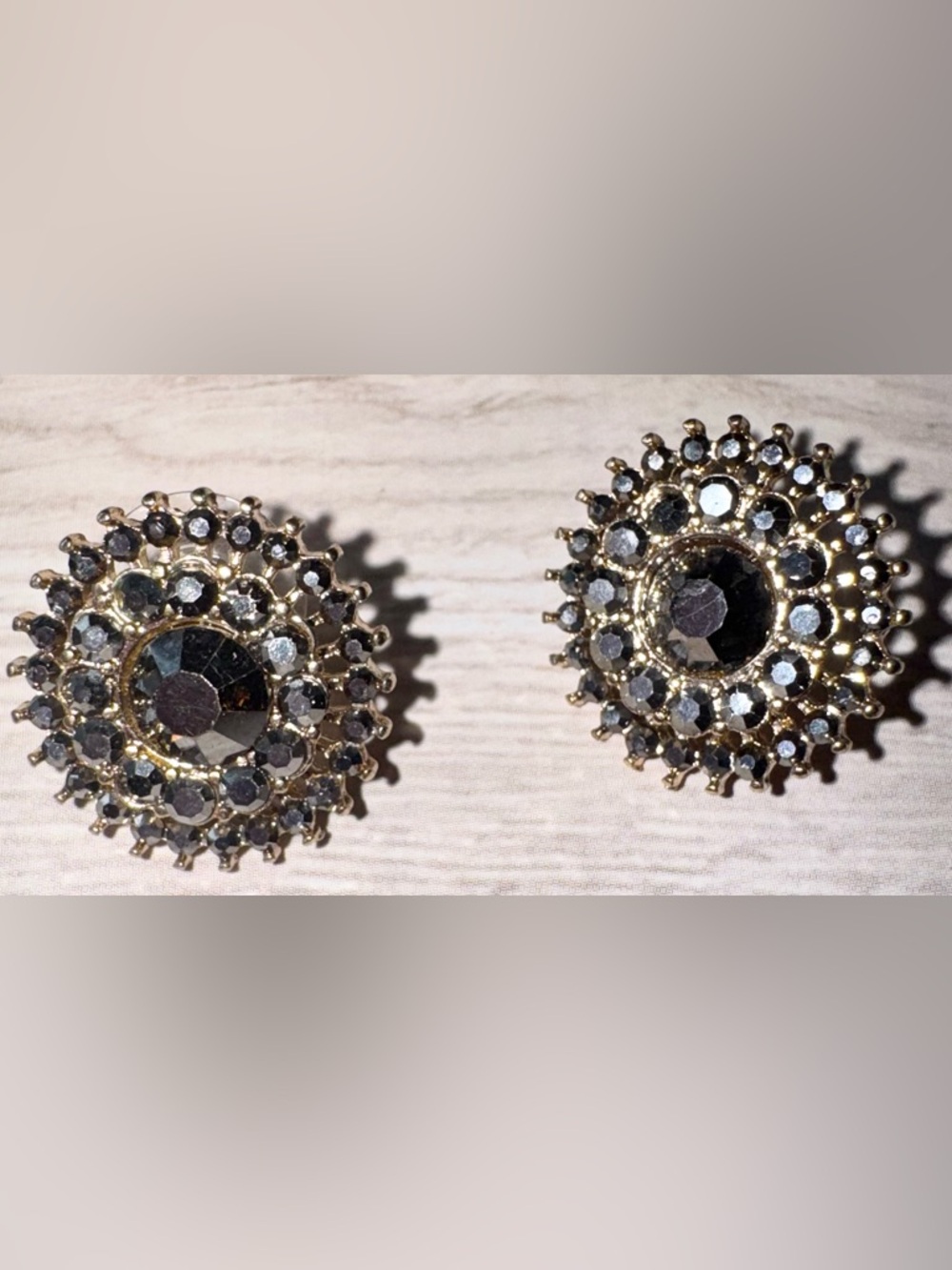 Vintage-Inspired Gray, Black, and Gold Crystal Stud Earrings